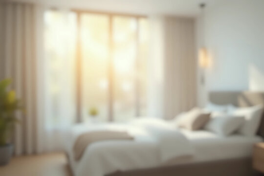 Blur modern bedroom at home with morning soft sunlight at big window for background usage. blur interior background concept. white, bright tone. bokeh. abstract background