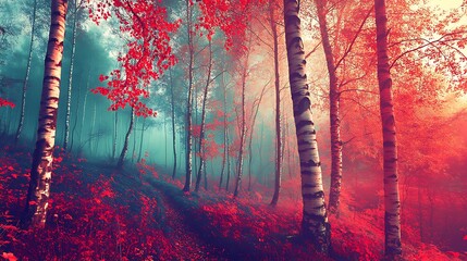 Obraz premium Misty autumn forest with red and teal leaves, birch trees, sunlight.