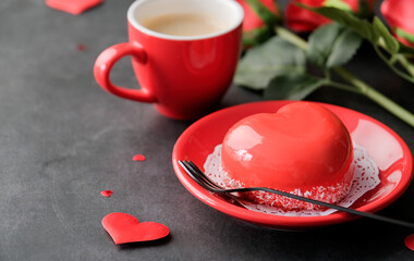 red heart cake and espresso in small cup for valentines day , copy space