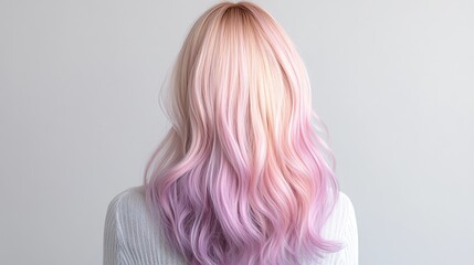 Naklejka premium An ombre synthetic wig, transitioning from purple to pink, styled in loose curls, displayed on a reflective glass stand