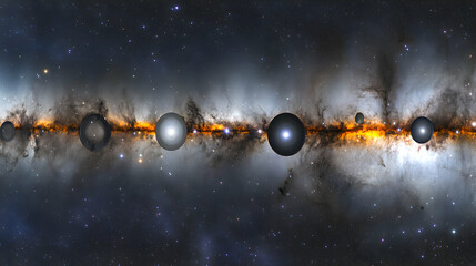 Naklejka premium Majestic cosmic panorama showcasing the Milky Way galaxy's vibrant core and celestial bodies.