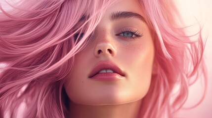 Naklejka premium Bright pink wig styled in loose beach waves, suspended midair, surrounded by soft glowing particles