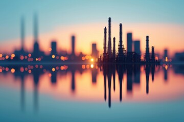 Sunset over petroleum industry technology urban lakeside reflection
