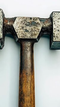 Hammer with a worn wooden handle and textured metal heads resting on a light background