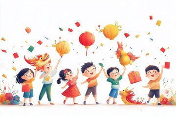 Fototapeta premium A group of children playing with lanterns, Chinese dragon-head hats, and red envelopes on the ground, in a flat illustration style, Chinese New Year, Lunar new Year, Spring Festival 