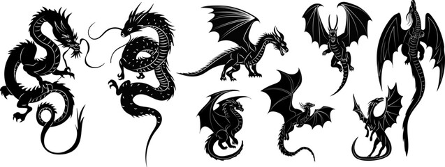 dragons silhouette set, vector on white background