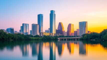 Fototapeta premium Glimmering Cityscape at Golden Hour Sunset Reflection