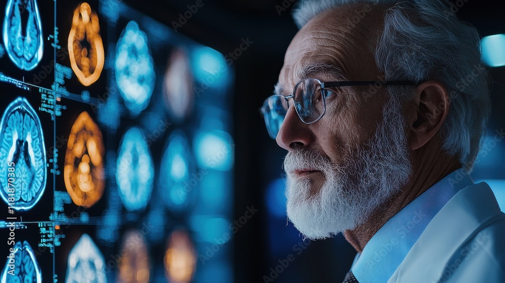 Poster doctor examining holographic brain scan in clinical setting with standard focus for advanced medical