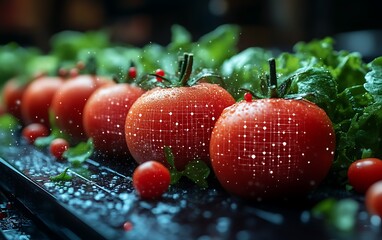 Fresh ripe tomatoes and lettuce with digital overlay.