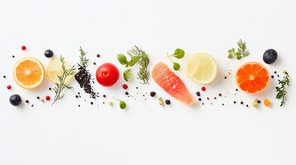 Vibrant fruits and herbs arranged artistically on a white surface.