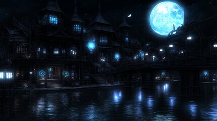 Fototapeta premium Enchanting Night Scene Canal City Under Blue Moon
