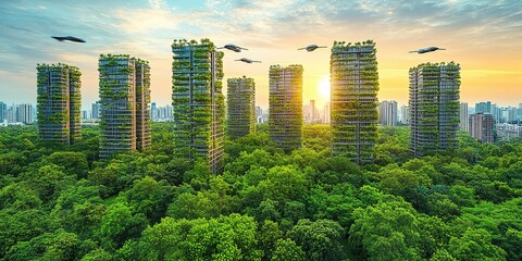 Urban green architecture integrates nature and technology in a futuristic city skyline at sunset