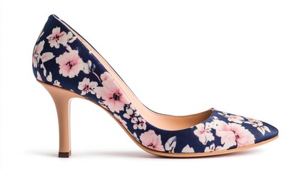 Obraz premium Pair of Stylish Navy and Beige Floral High Heel Shoes on White Background