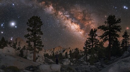 Naklejka premium Majestic Milky Way galaxy arching over a silhouetted man standing amidst pine trees and rocky terrain at night.