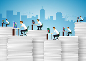 Obraz premium Office clerks working at workplace with paperwork. Vector illustration