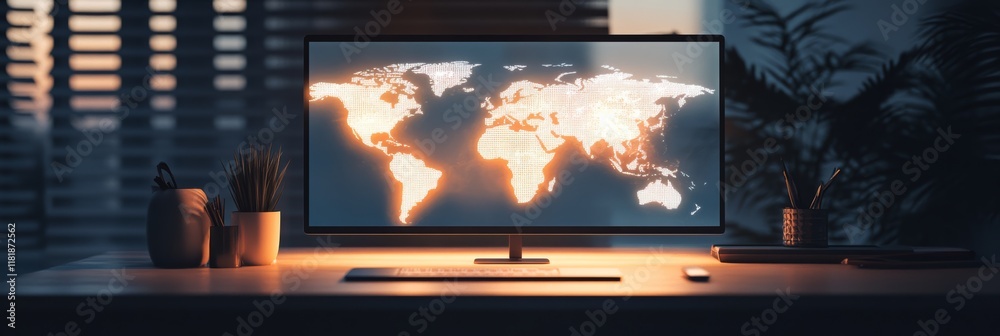Poster Illuminated world map displayed on a computer monitor in a dimly lit modern office setting, suggesting global business operations, data analysis, or online navigation