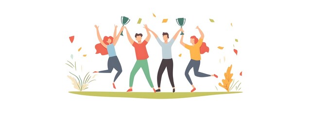Illustration of peoples holding up the trophy and celebrating success together, flat design vector illustration style