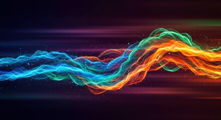 Dynamic Energy Flow: Abstract artwork showcasing a vibrant, swirling blend of blue, green, and orange energy, creating a sense of motion, power, and dynamism. 