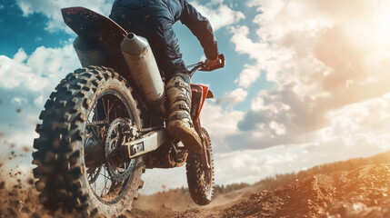 Motocross racer riding on a dirt track under a sunny blue sky