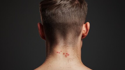 Naklejka premium Close-up of a person's neck showing red welts after a haircut against a dark background highlighting skin irritation and hair length details.
