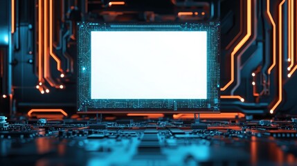 Fototapeta premium Futuristic Blank Billboard Displaying Content in a Tech Expo Environment with Circuit Board and Neon Lighting Elements