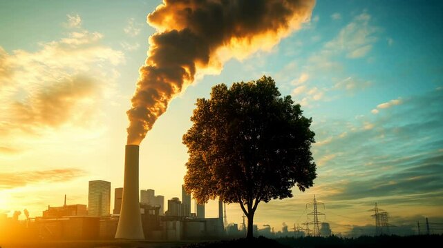 Eco friendly power plant and tree a symbol of sustainable energy and low carbon emissions

