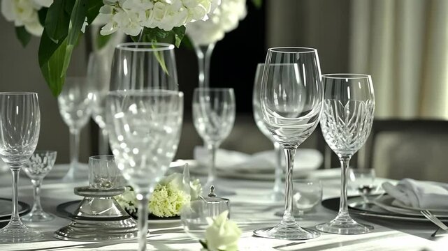 Elegant dining setting with crystal glassware and floral centerpiece for a sophisticated occasion