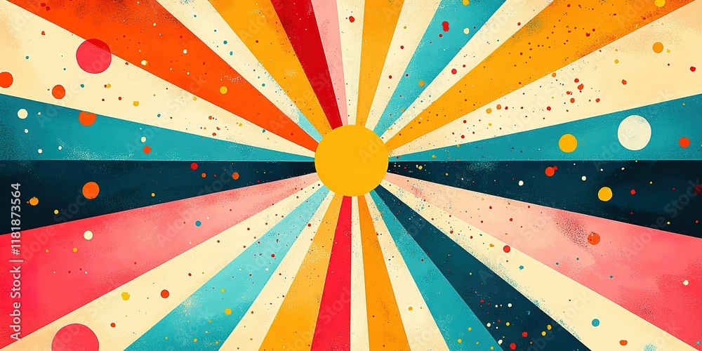 Poster bright and vibrant abstract design featuring colorful rays extending from a central point in a playf