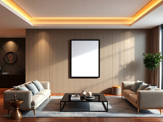 Mockup poster frame on the wall of living room. Luxurious apartment background with contemporary design. 