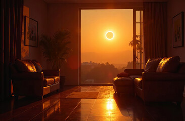 Solar eclipse, one planet completely covers another. Corona of light.