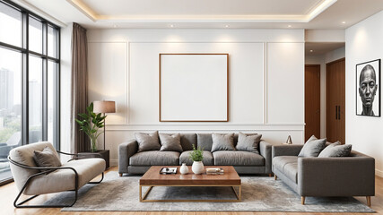 Mockup poster frame on the wall of living room. Luxurious apartment background with contemporary design. 
