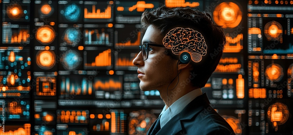 Poster innovative technology enhances cognitive abilities through advanced neural interface with data visua