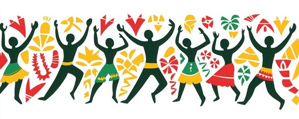 Black History Month Concept, Vibrant Silhouettes of Dancers in Colorful Tribal Patterns Celebrating with Yellow, Red, and Green Hues