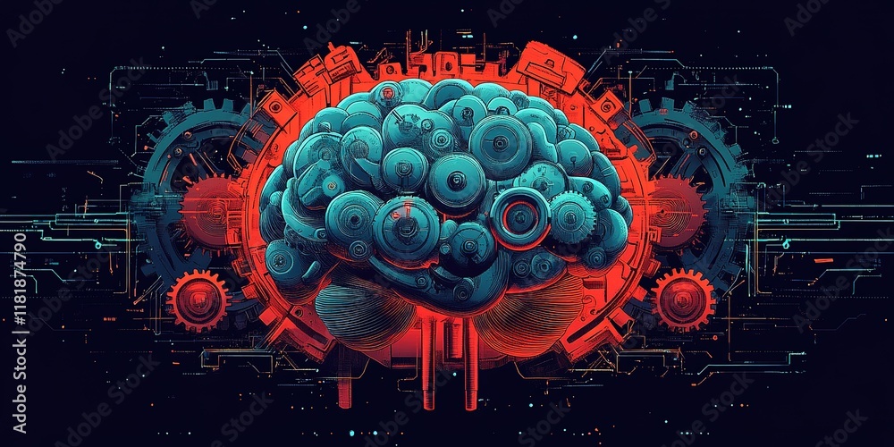 Poster colorful abstract representation of a brain interconnected with gears and technology in a futuristic