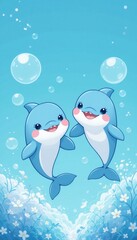 Naklejka premium Two dolphins in a fun winter holiday cartoon scene