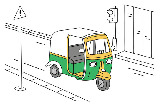 Auto rickshaw, tuk-tuk, three-wheeler taxi, green and yellow vehicle, Indian transportation, urban commute, compact design, cartoon style, vector illustration, side view, white background, transportat