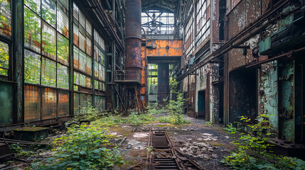 Abandoned industrial hall with overgrown vegetation forming a nature reclaiming scene