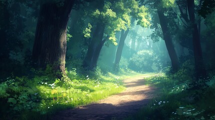 Obraz premium A serene forest path illuminated by soft sunlight, surrounded by lush greenery.