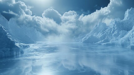 Fototapeta premium A serene icy landscape featuring reflective water and majestic snowy mountains under clouds.