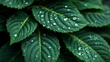 Obraz premium Green leaves background, water drops are on the leaves after a rainy day