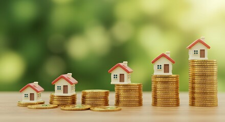 A series of small, model houses with red roofs and white walls, each placed on stacks of gold coins of varying heights.