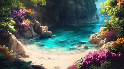 Obraz premium A serene tropical beach with clear blue waters and vibrant flowers in the foreground.