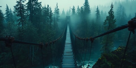 Fototapeta premium Foggy suspension bridge over river in forest.