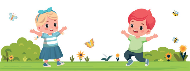 Kids Playing In Colorful Flowers