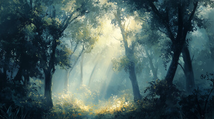 Obraz premium Dramatic forest scenery with sunlight filtering through, white canvas