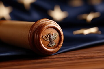 A close-up of a decorative wooden seal featuring an eagle on an elegant fabric background.