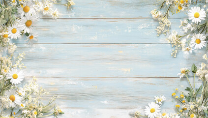 Fototapeta premium Daisey floral arrangement with a wood background painted blue and copy space