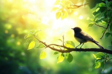 Obraz premium Small bird perched on a sunlit branch surrounded by vibrant green leaves with a soft glowing background
