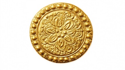 Intricately Detailed Gold Coin with Ornamental Design on White Background