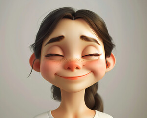 Charming 3D Illustration of Smiling Girl with Freckles and Closed Eyes, Perfect for Emotive and Wholesome Content